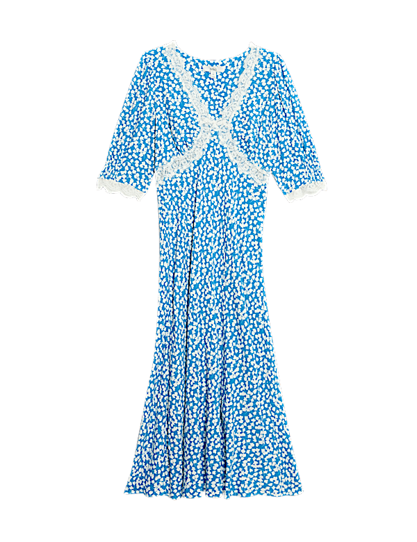 Printed V-Neck Lace Insert Midaxi Tea Dress