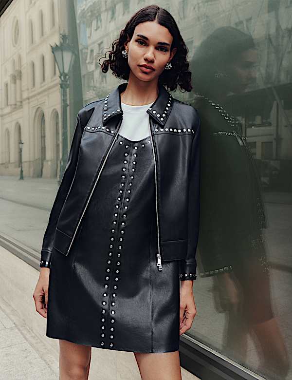 Faux Leather Embellished Mini Shift Dress - NZ