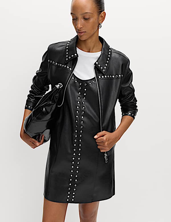 Faux Leather Embellished Mini Shift Dress - VN