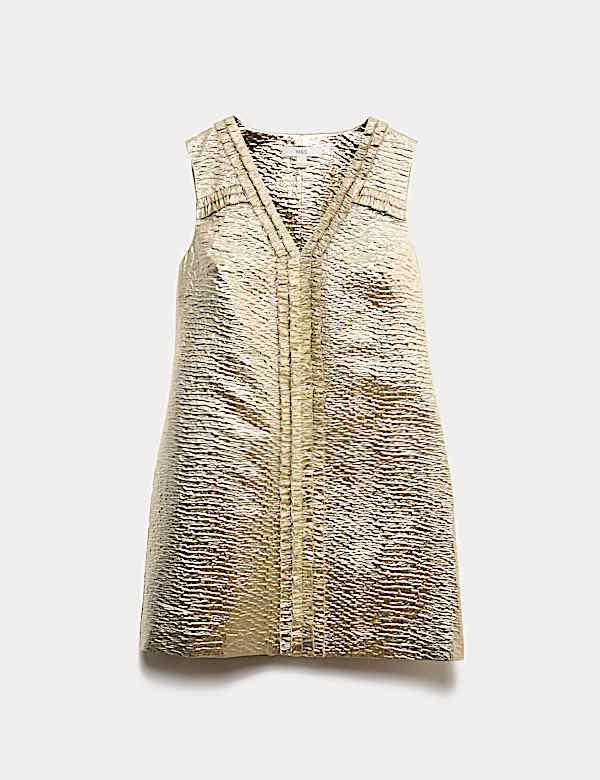 Gold Jacquard V-Neck Mini Shift Dress - US