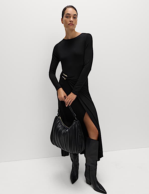 Slash Neck Ring Front Midi Waisted Dress