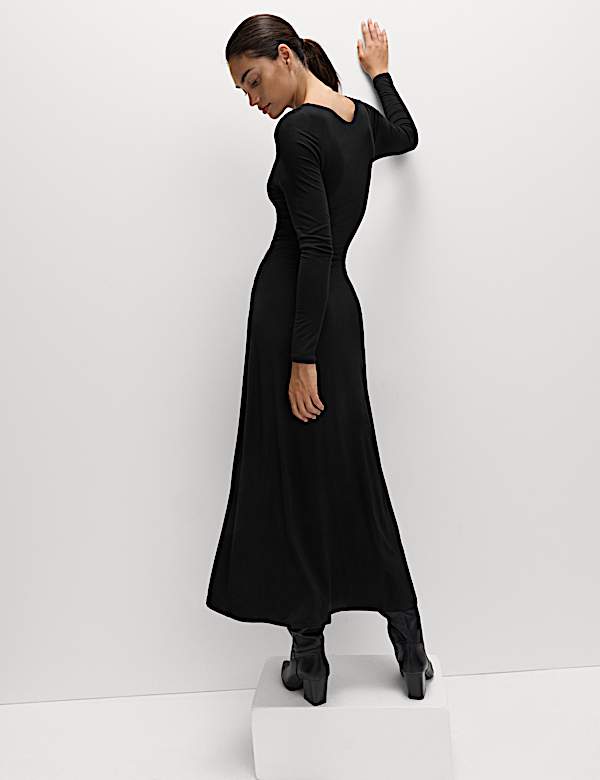Slash Neck Ring Front Midi Waisted Dress