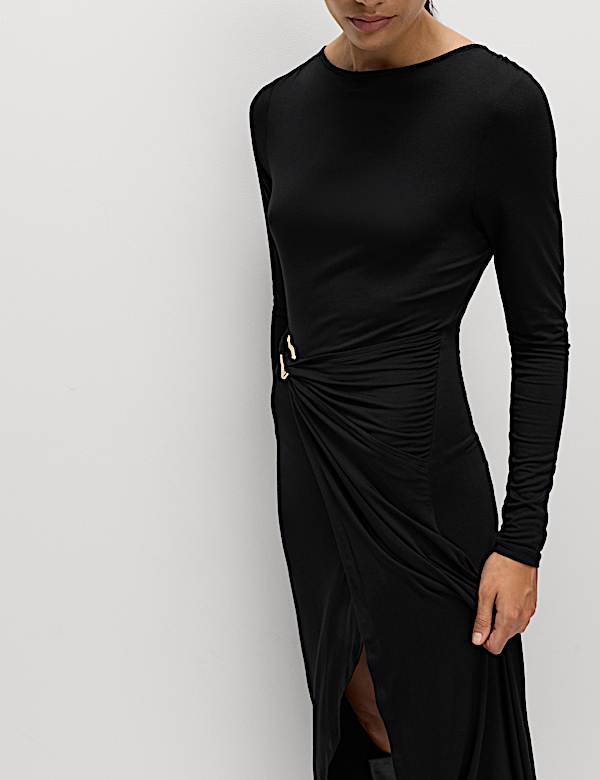 Slash Neck Ring Front Midi Waisted Dress