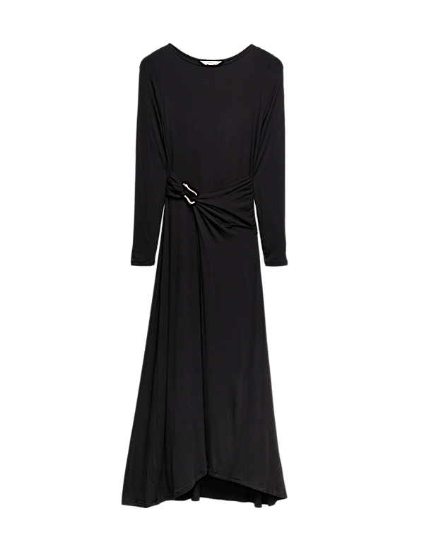 Slash Neck Ring Front Midi Waisted Dress