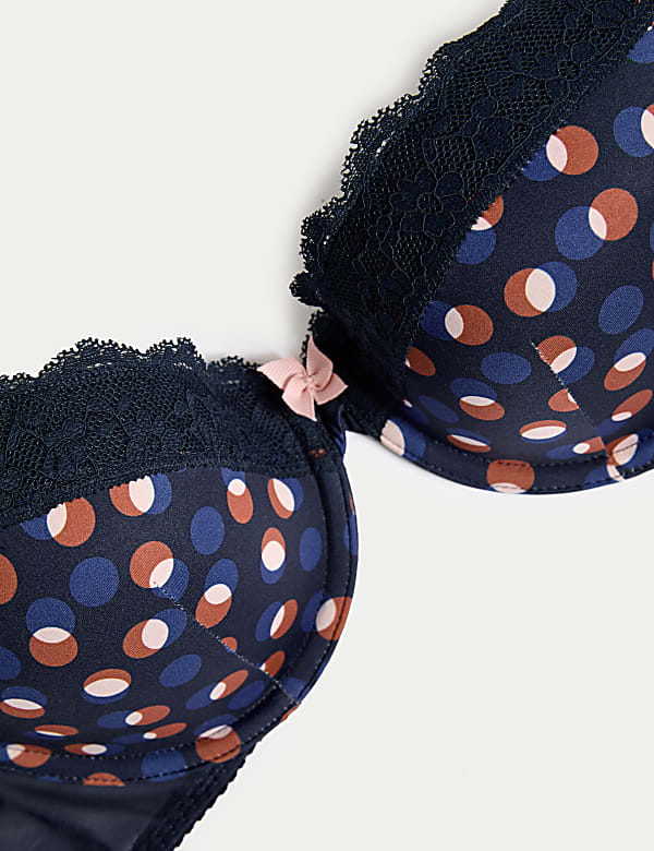 Printed Lace Trim Wired Plunge Bra A-E