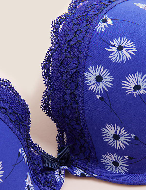 Printed Lace Trim Wired Plunge Bra A-E