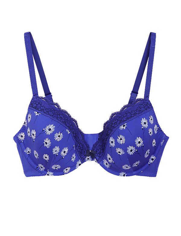 Printed Lace Trim Wired Plunge Bra A-E
