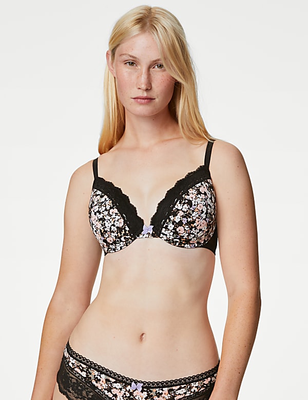 Printed Lace Trim Wired Plunge Bra A-E - GR