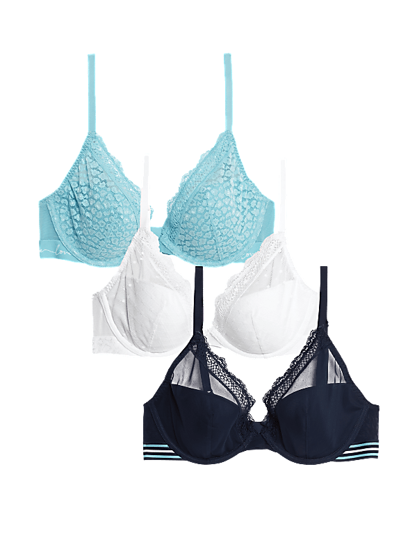 3pk Lace Trim Wired Plunge Bras A-E