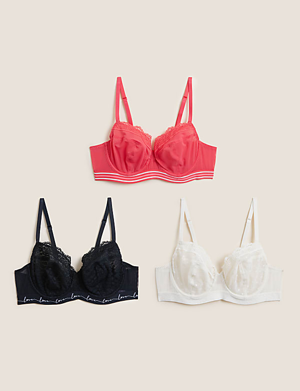 3pk Lace & Mesh Wired Balcony Bras A-E