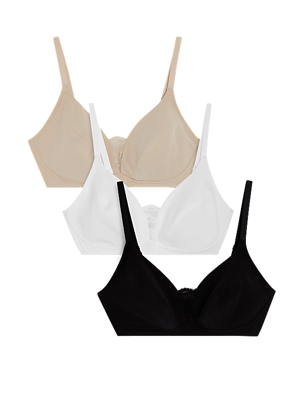 3pk Cotton & Lace Non Wired Full Cup Bras A-E