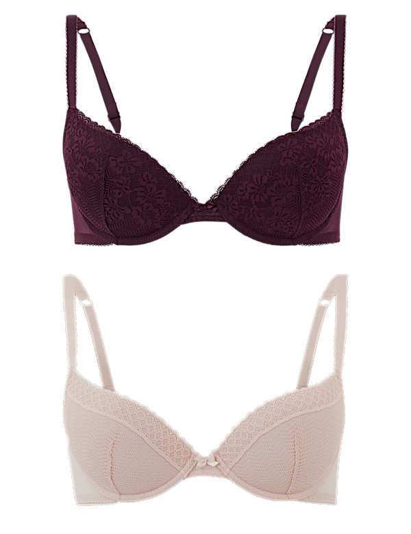 2 Pack Lace Embroidered Push-up Plunge Bras