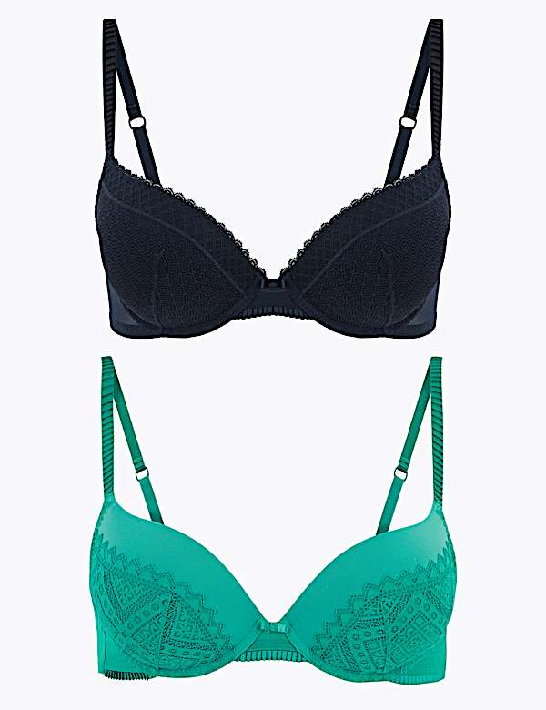 2pk Mesh Lace Push-Up Plunge Bras A-E