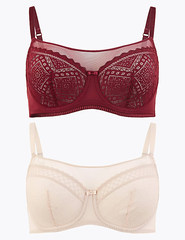 2 Pack Mesh Lace Panel Balcony Bras A-G