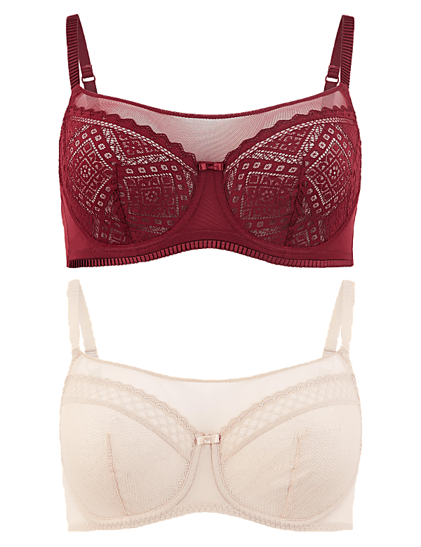 2 Pack Mesh Lace Panel Balcony Bras A-G