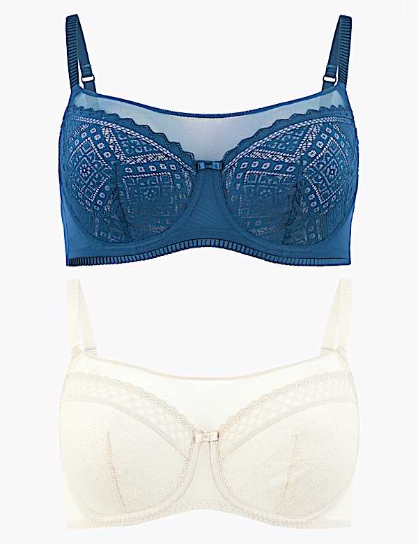 2 Pack Mesh Lace Panel Balcony Bras A-G