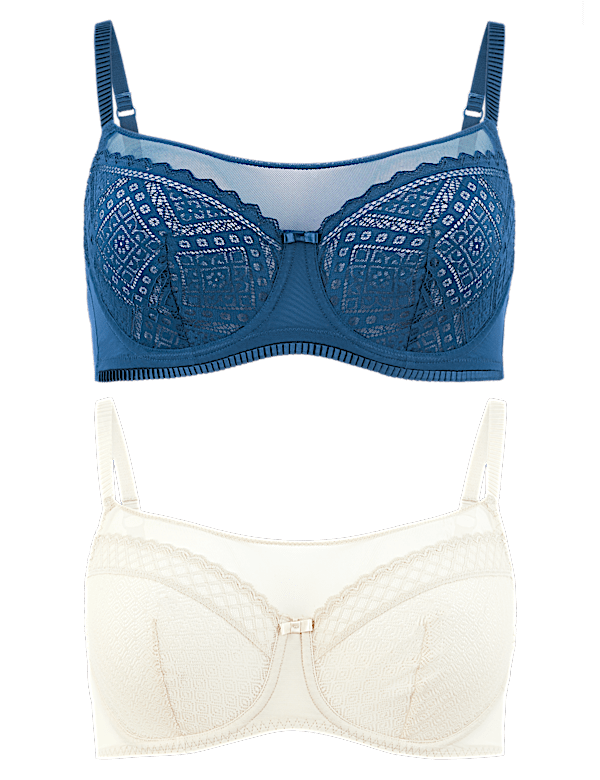 2 Pack Mesh Lace Panel Balcony Bras A-G