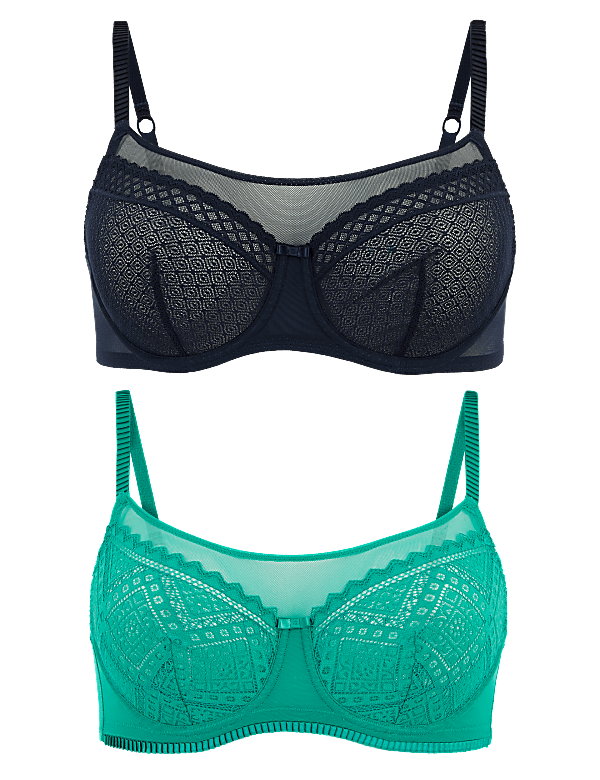 2pk Mesh Lace Underwired Balcony Bras A-E