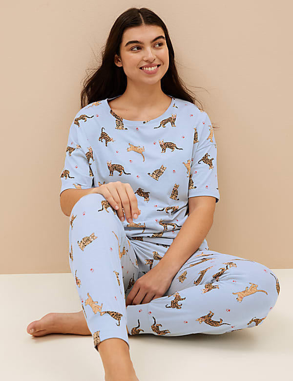 Buy Cotton Rich Cat Print Pyjama Set at Marks Spencer