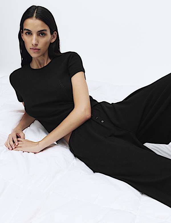 Pure Cotton Pointelle Wide Leg Pyjama Bottoms - ES