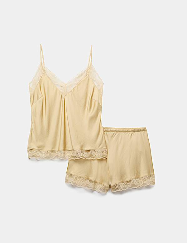 Satin Lace Detail Cami Shortie Set - US