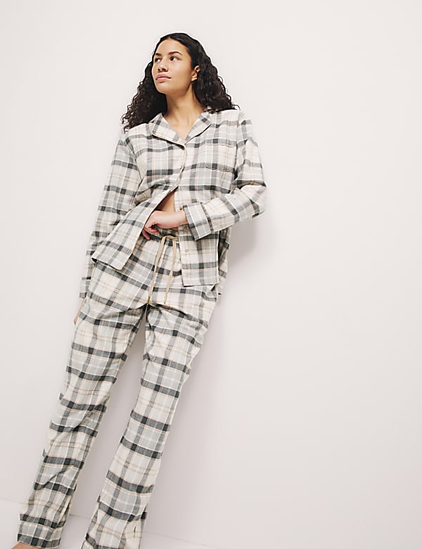 Marks Spencer Cotton Rich Checked Pyjama Set Neutral 18