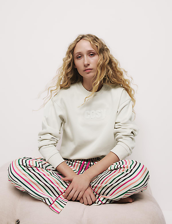 Cotton Rich Cosy Slogan Striped Pyjama Set - PL