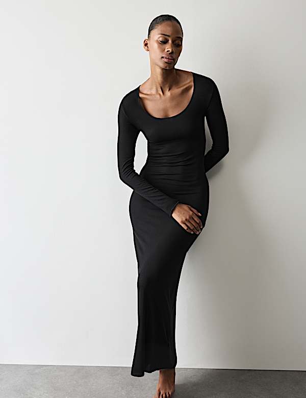 Sheer Ribbed Long Sleeve Nightdress - DK