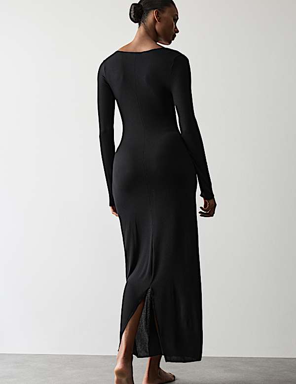 Sheer Ribbed Long Sleeve Nightdress - DK