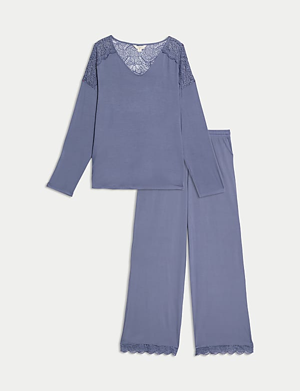 Marks Spencer Body Soft Lace Trim Pyjama Set Slate Blue L
