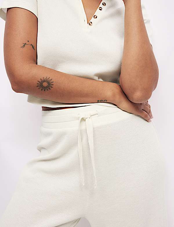 Cropped Cotton Blend Waffle Henley Pyjama Set