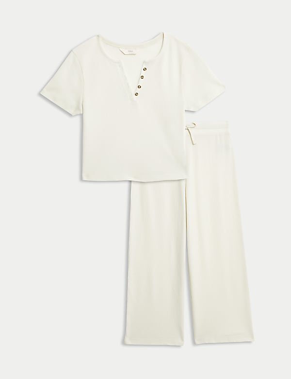 Cropped Cotton Blend Waffle Henley Pyjama Set - VN