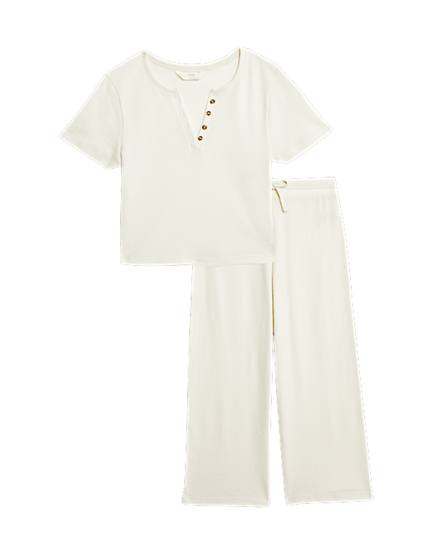 Cropped Cotton Blend Waffle Henley Pyjama Set