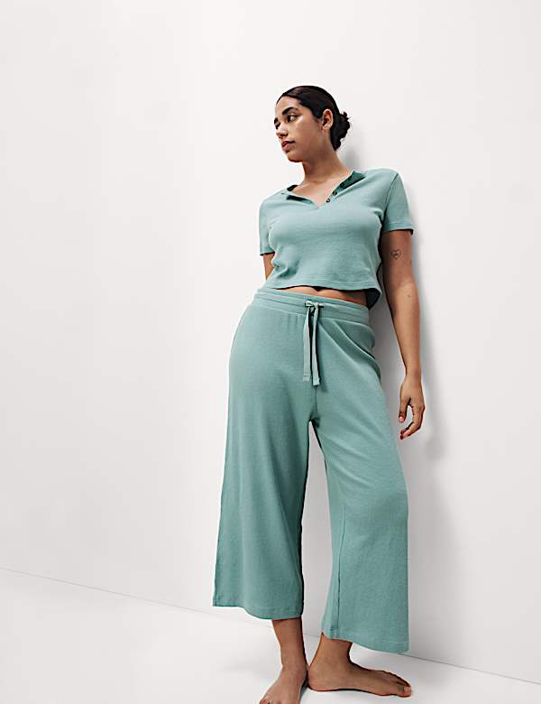 Cropped Cotton Blend Waffle Henley Pyjama Set