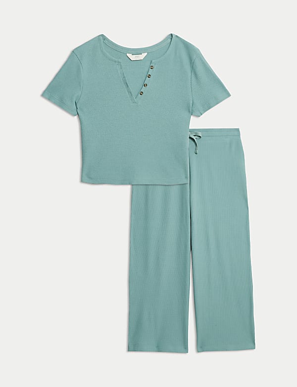 Cropped Cotton Blend Waffle Henley Pyjama Set - ID