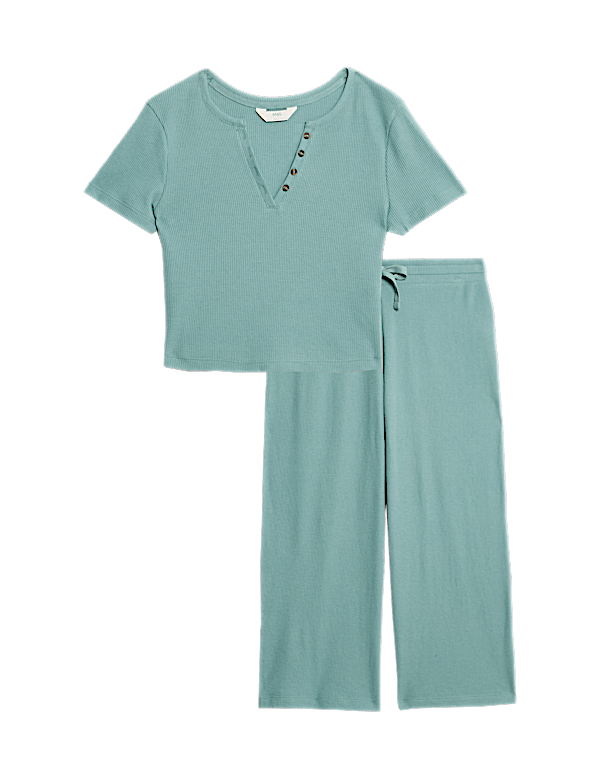 Cropped Cotton Blend Waffle Henley Pyjama Set