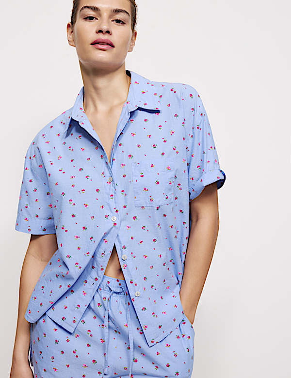 Pure Cotton Cambric Slub Floral Shortie Set