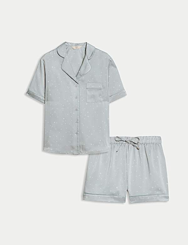 סט פיג'מת סטן קצרה עם צווארון מחויט והדפס כוכבים - IL