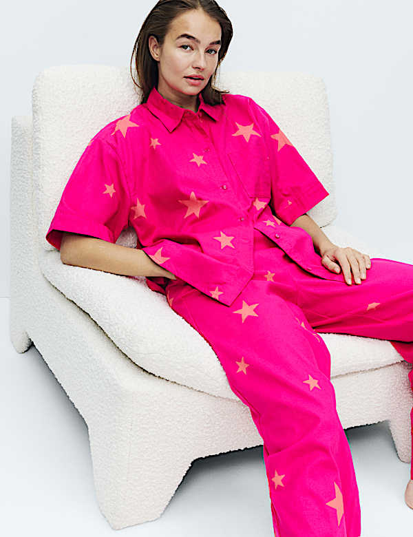 Pure Cotton Star Print Collared Pyjama Set