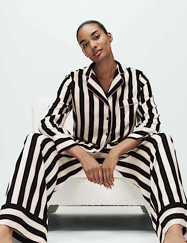 Satin Striped Pyjama Set with Eye Mask