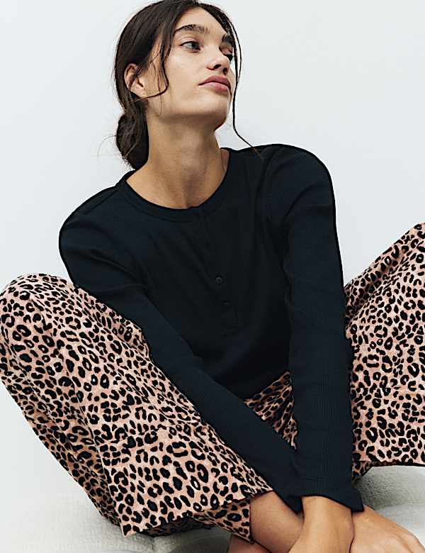 Cotton Blend Leopard Print Ribbed Pyjama Set - UA