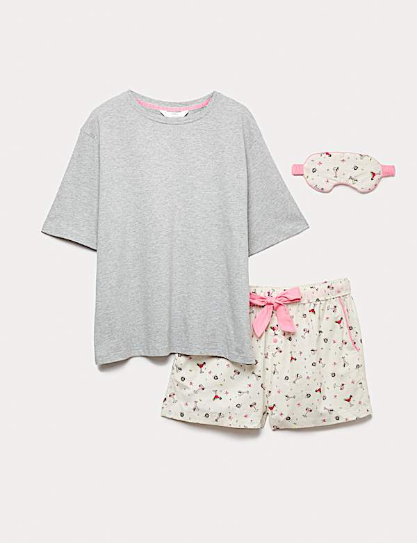 סט פיג'מה קצרה מכותנה טהורה בהדפס עם מסכת עיניים - IL