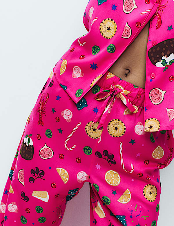 Conjunto de pijama de satén con comida navideña - US