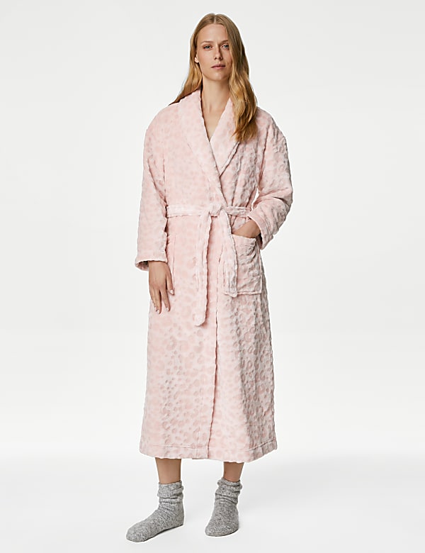 Fleece Leopard Print Long Dressing Gown