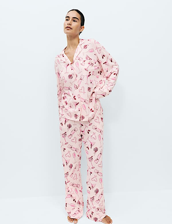 Cotton Modal Printed Revere Long Pyjama Set - US
