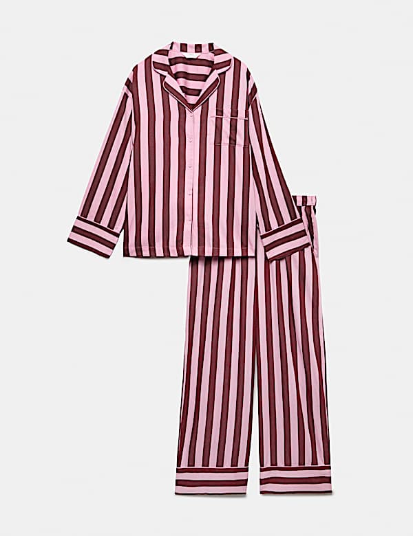 Ensemble pyjama &agrave; revers en coton satin&eacute; &agrave; manches longues et rayures - CH
