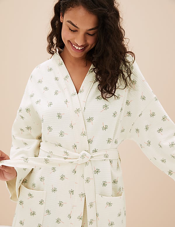 Pure Cotton Waffle Palm Print Dressing Gown