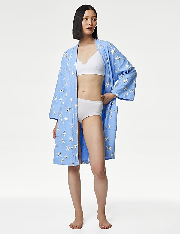 Pure Cotton Waffle Printed Dressing Gown IVORY MIX Dressing Gowns M S ES
