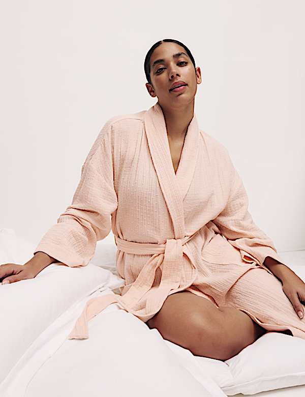 Pure Cotton Muslin Dobby Dressing Gown - GR