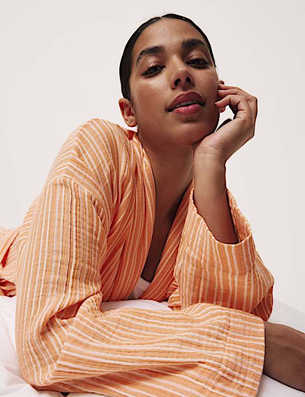 Pure Cotton Muslin Striped Dressing Gown - RS